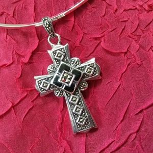 Sterling/Marcasite/Onyx Cross Pendant